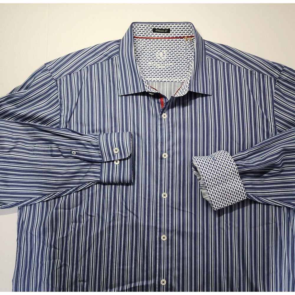 Bugatchi Mens Size XL‎ Blue Striped Long Sleeve Button Down Shirt